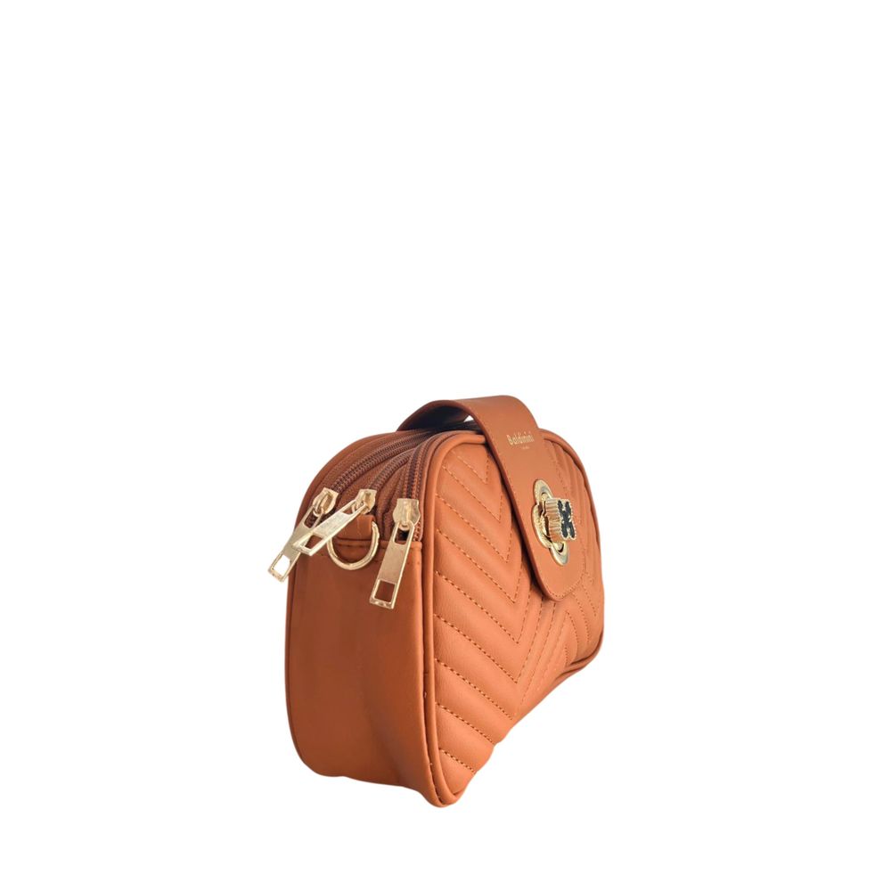 Compact Crossbody Handbag by Baldinini Trend for women in polyurethane brown & gold features a multifaceted silhouette, showcasing a secure zipper and multifaceted built-in-compartments with versatile crossbody-strap, shoulder-strap & adjustable-strap for multifaceted style.