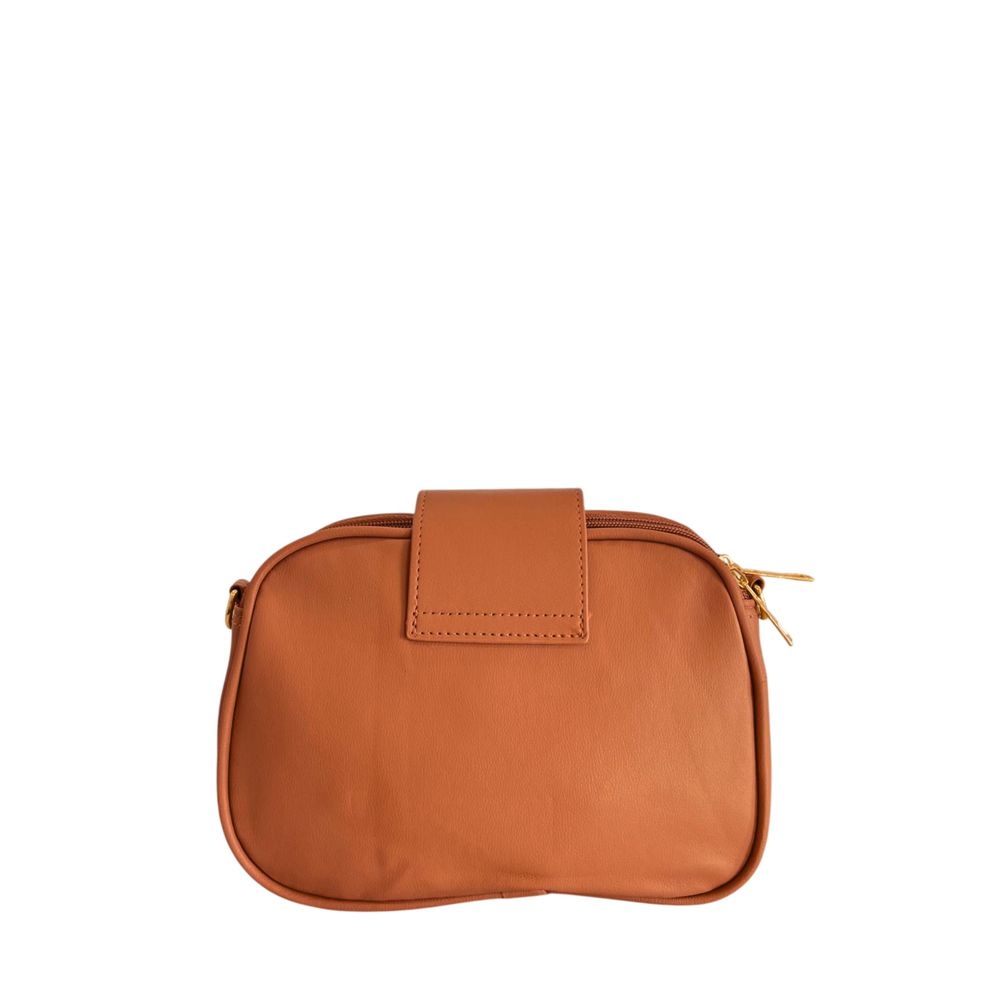 Compact Crossbody Handbag by Baldinini Trend for women in polyurethane brown & gold features a multifaceted silhouette, showcasing a secure zipper and multifaceted built-in-compartments with versatile crossbody-strap, shoulder-strap & adjustable-strap for multifaceted style.