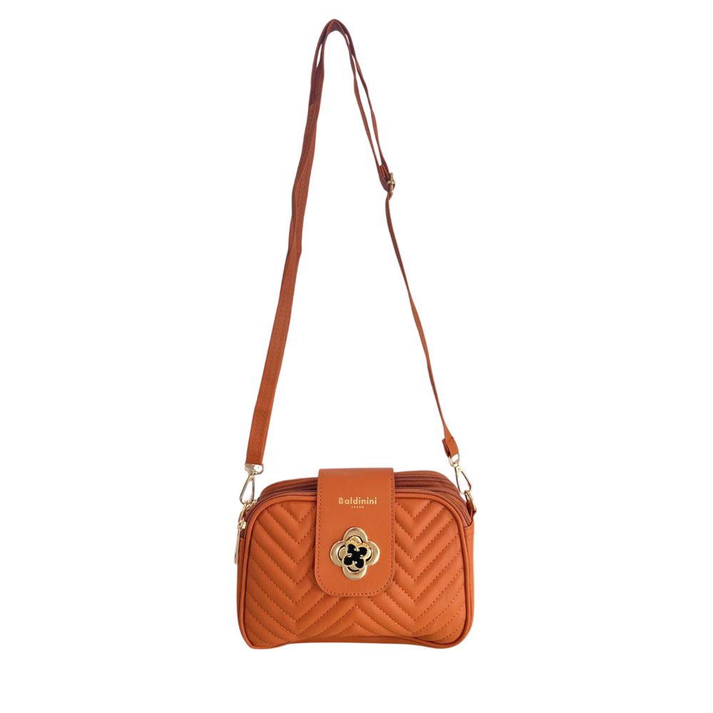 Compact Crossbody Handbag by Baldinini Trend for women in polyurethane brown & gold features a transformative sophistication silhouette, showcasing a secure zipper, ample built-in-compartments, and versatile crossbody-strap, shoulder-strap & adjustable-strap for a transformative sophistication look.