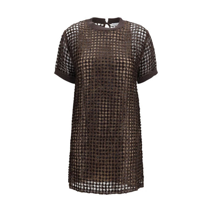 Dress by Brunello Cucinelli for women in linen silk & sequins brown & patterned features an magnificent silhouette, artfully detailed with a magnificent round neckline and short-sleeve that flows into an magnificent short mini.