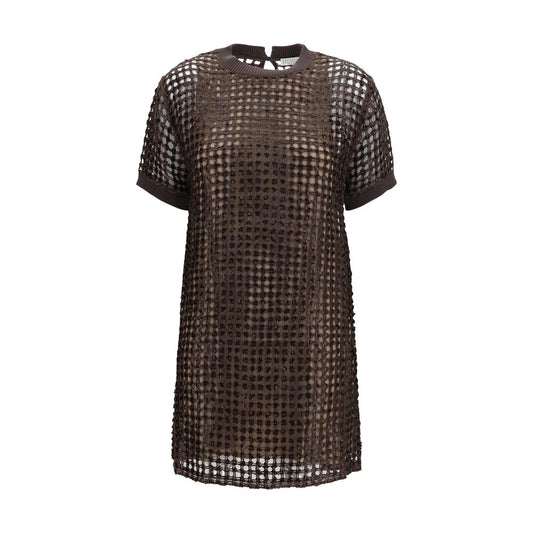 Dress by Brunello Cucinelli for women in linen silk & sequins brown & patterned features an magnificent silhouette, artfully detailed with a magnificent round neckline and short-sleeve that flows into an magnificent short mini.