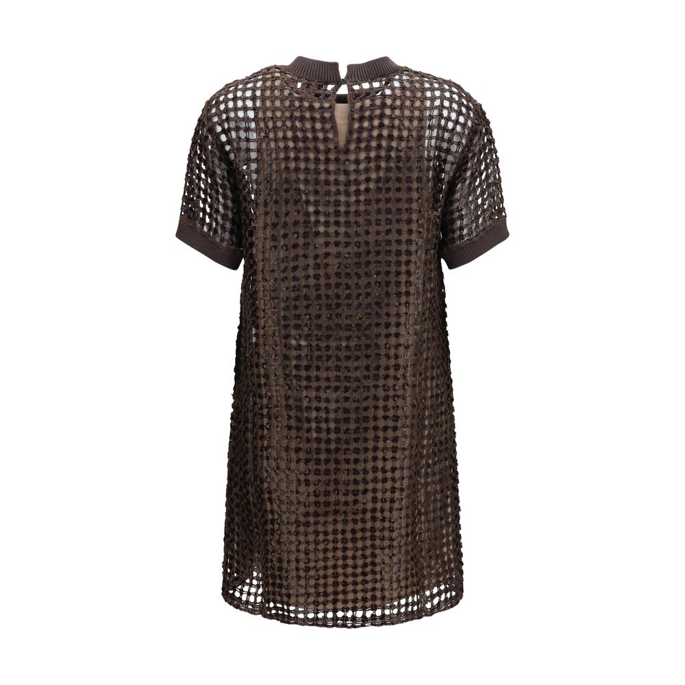 Dress by Brunello Cucinelli for women in linen silk & sequins brown & patterned features a dramatic silhouette, showcasing an elegant round neckline and that flows into a dramatic short mini.