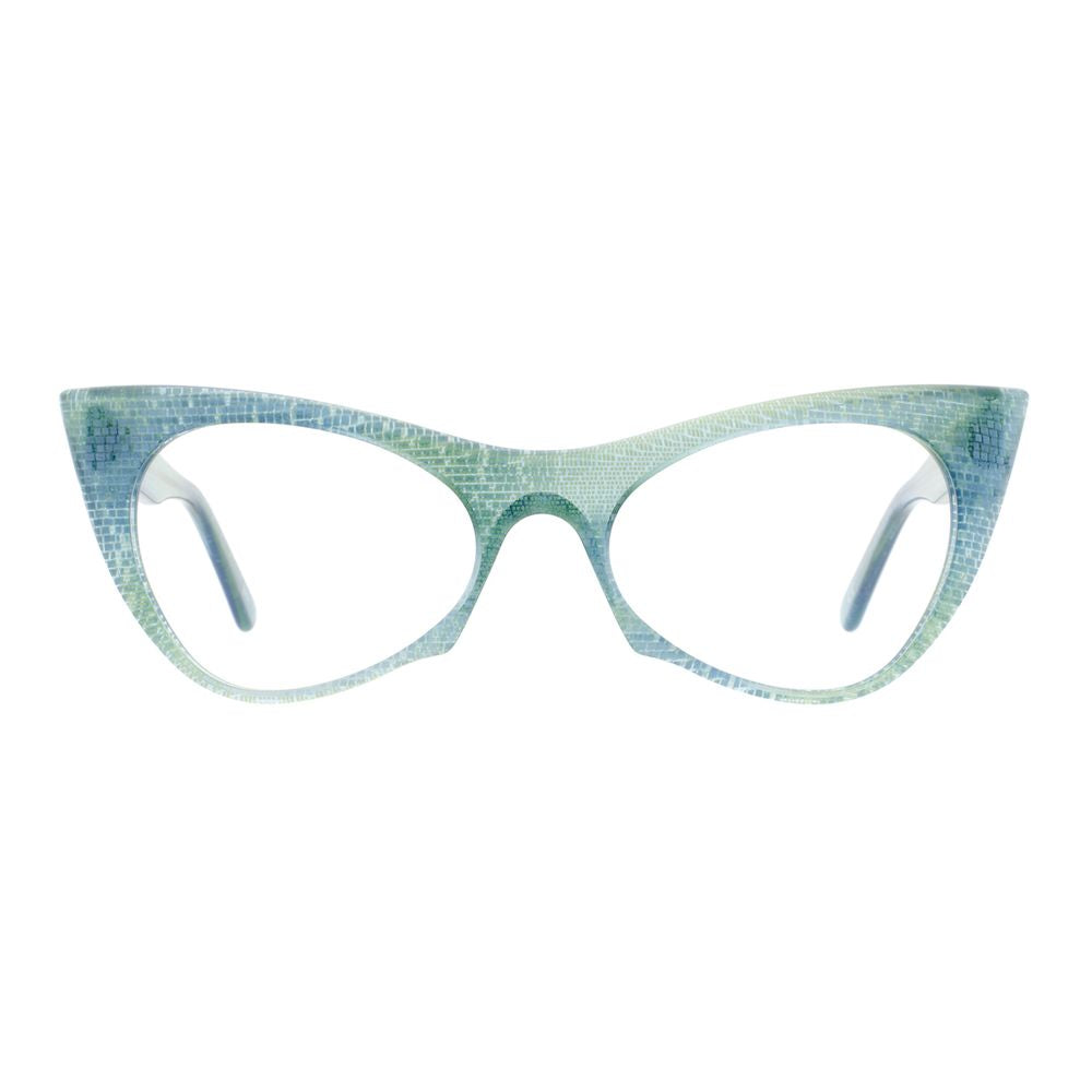 Eyeglasses Frames by Andy Wolf for women in acetate blue showcases a refined full-frame frame design with a refined blue coloured frame finish for a refined and sophisticated look.