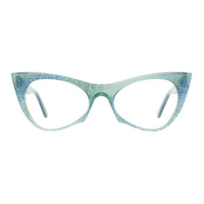 Eyeglasses Frames by Andy Wolf for women in acetate blue showcases a refined full-frame frame design with a refined blue coloured frame finish for a refined and sophisticated look.