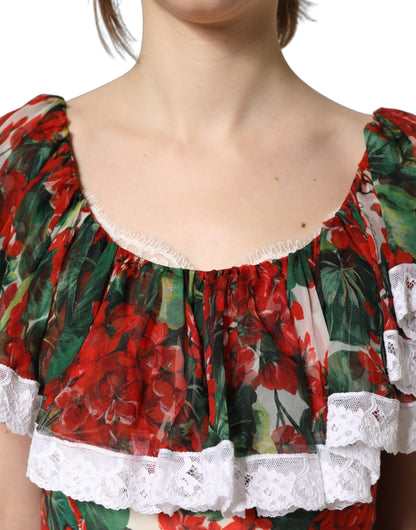 Dolce & Gabbana Multicolor Geranium Flower Lace Maxi Dress