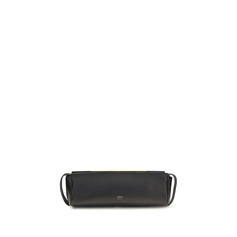 Evening Clutch Handbag by Khaite for women in bos taurus calf leather black & gold features a statuesque silhouette, showcasing a secure zipper and organized with versatile for statuesque evening wear.