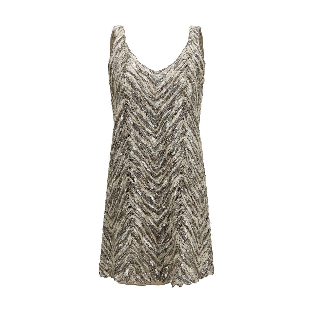 Dress by Brunello Cucinelli for women in nylon polyester linen & sequins beige, patterned & herringbone showcases a striking silhouette, elegantly detailed with a sleeveless, refined v-neck neckline, and a striking short for a striking finish.