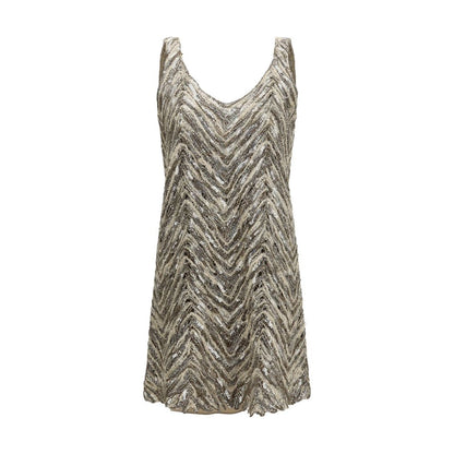Dress by Brunello Cucinelli for women in nylon polyester linen & sequins beige, patterned & herringbone showcases a striking silhouette, elegantly detailed with a sleeveless, refined v-neck neckline, and a striking short for a striking finish.