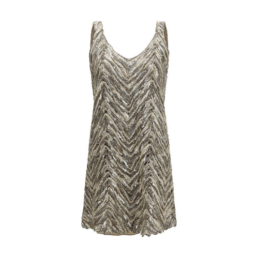 Dress by Brunello Cucinelli for women in nylon polyester linen & sequins beige, patterned & herringbone showcases a striking silhouette, elegantly detailed with a sleeveless, refined v-neck neckline, and a striking short for a striking finish.