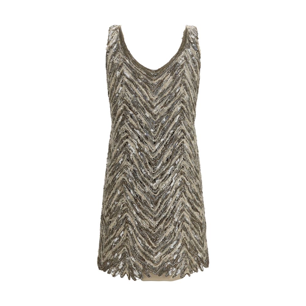 Dress by Brunello Cucinelli for women in nylon polyester linen & sequins beige, patterned & herringbone features an cute silhouette, detailed with a and v-neck neckline that elegantly flows into a cute short.
