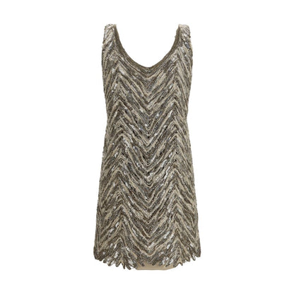 Dress by Brunello Cucinelli for women in nylon polyester linen & sequins beige, patterned & herringbone features an cute silhouette, detailed with a and v-neck neckline that elegantly flows into a cute short.