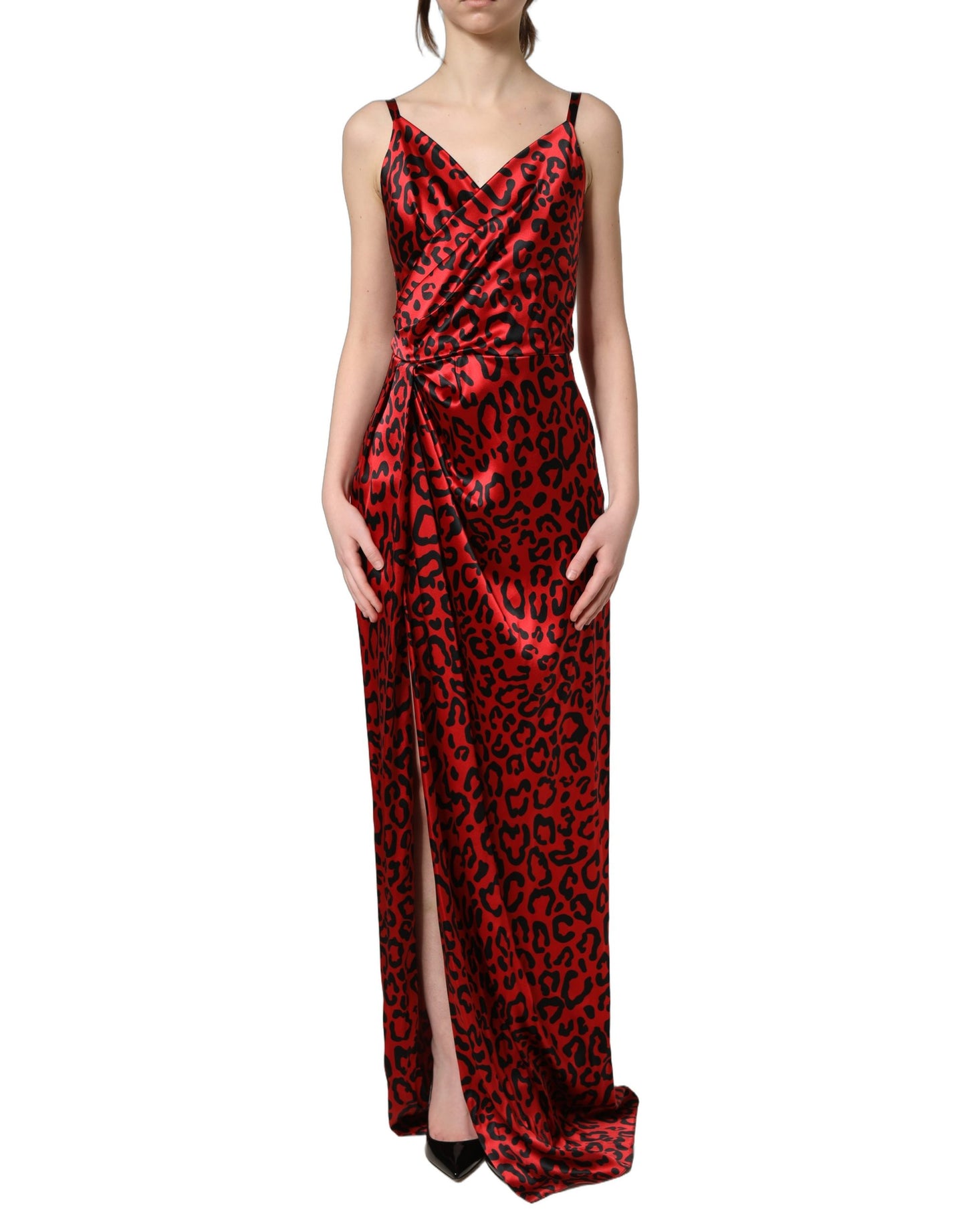 Dolce & Gabbana Red Leopard Draped Sleeveless Maxi Dress