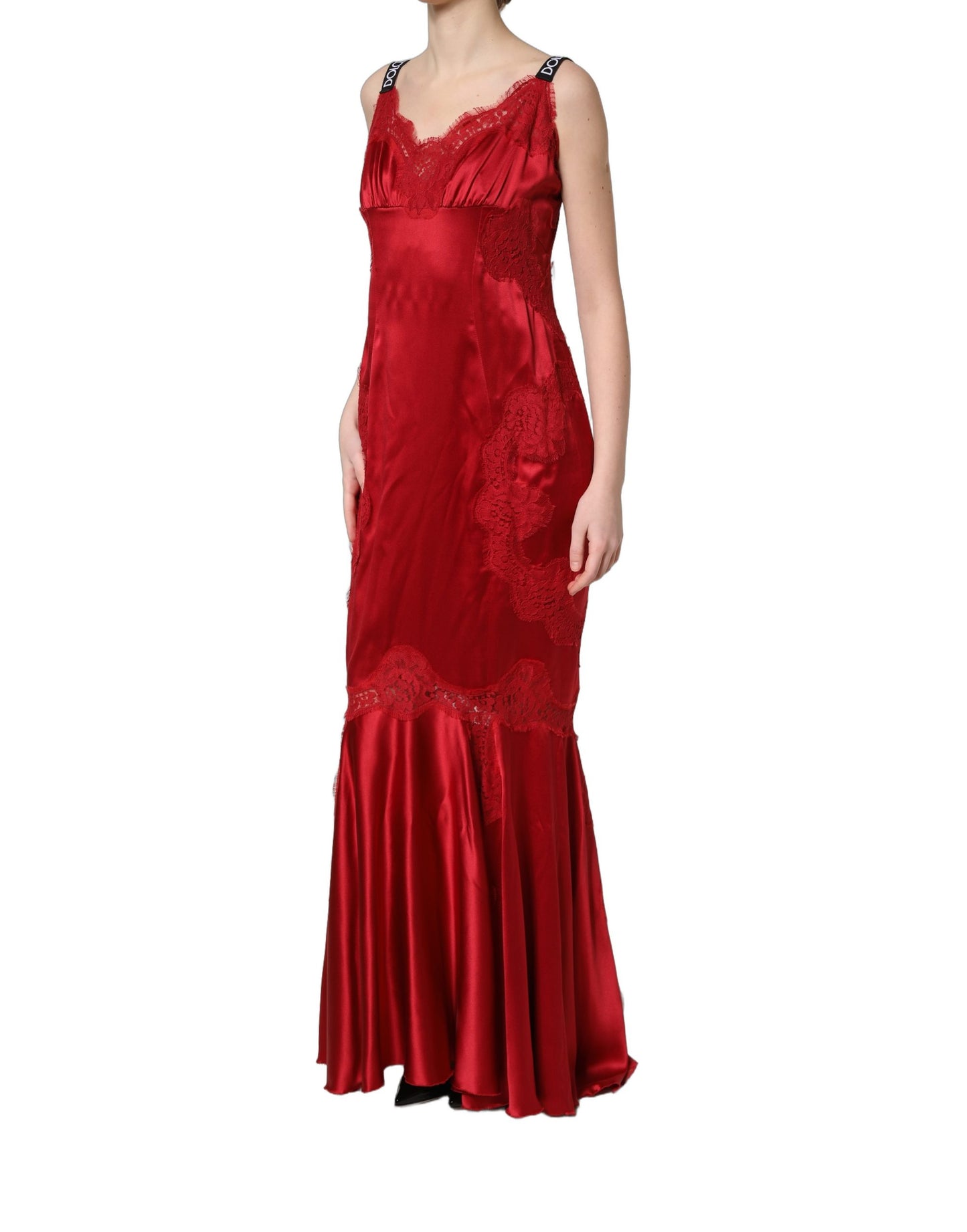 Dolce & Gabbana Red Silk Sleeveless Maxi Long Lace Trim Dress