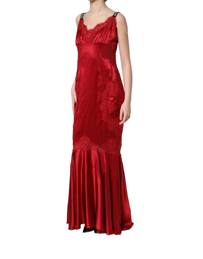 Dolce & Gabbana Red Silk Sleeveless Maxi Long Lace Trim Dress