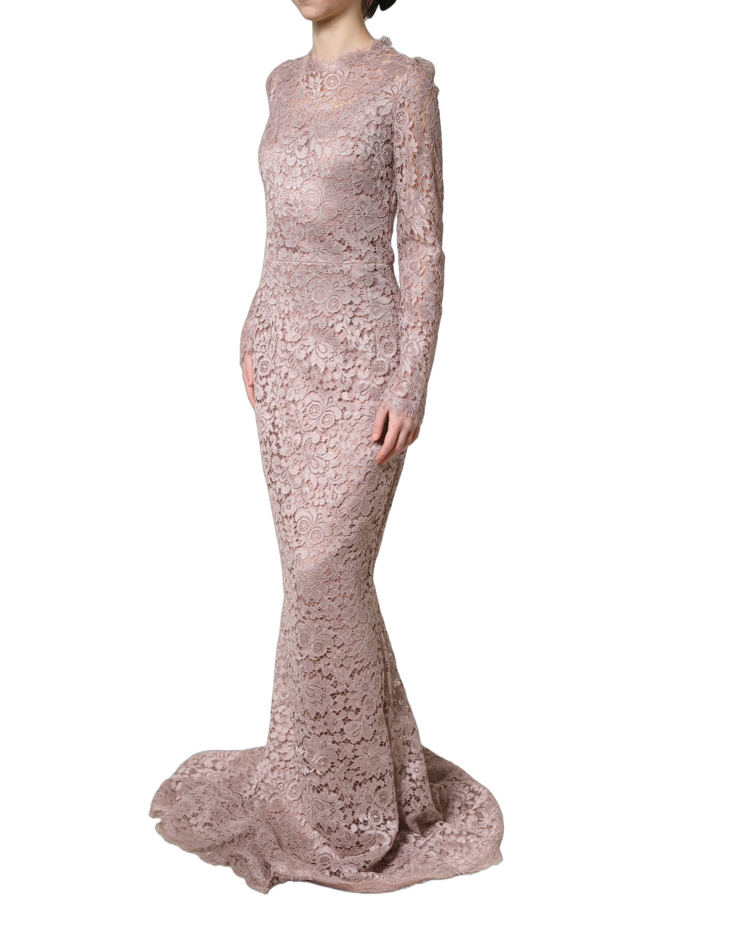Dolce & Gabbana Pink Lace Long Sleeves Evening Gown Dress
