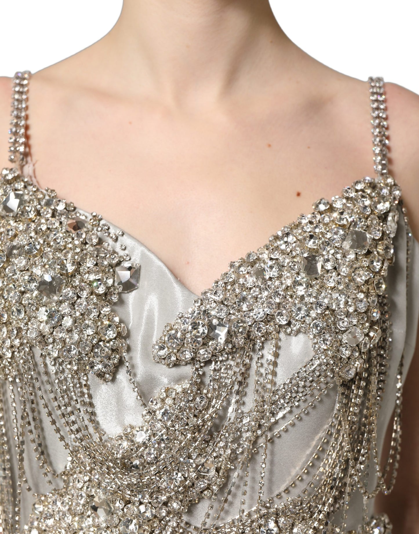 Dolce & Gabbana Silver Crystal Embellished EveningGown Dress