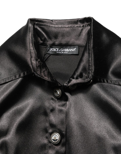Dolce & Gabbana Black Satin Long Puff Sleeves Pleated Dress