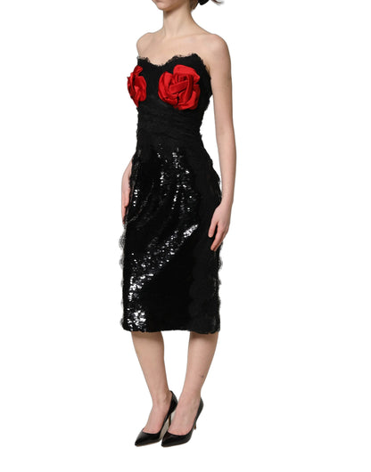Dolce & Gabbana Black Strapless Red Rose Sequined Midi Dress