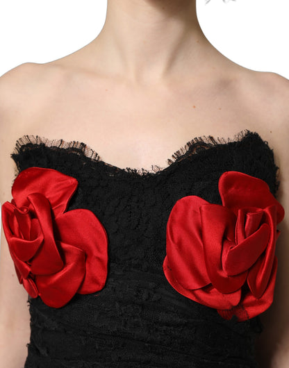 Dolce & Gabbana Aria Women's Wrap Cocktail Sleeveless; Strapless Silk & Polyester Midi Mini Dress - Black Red Rose