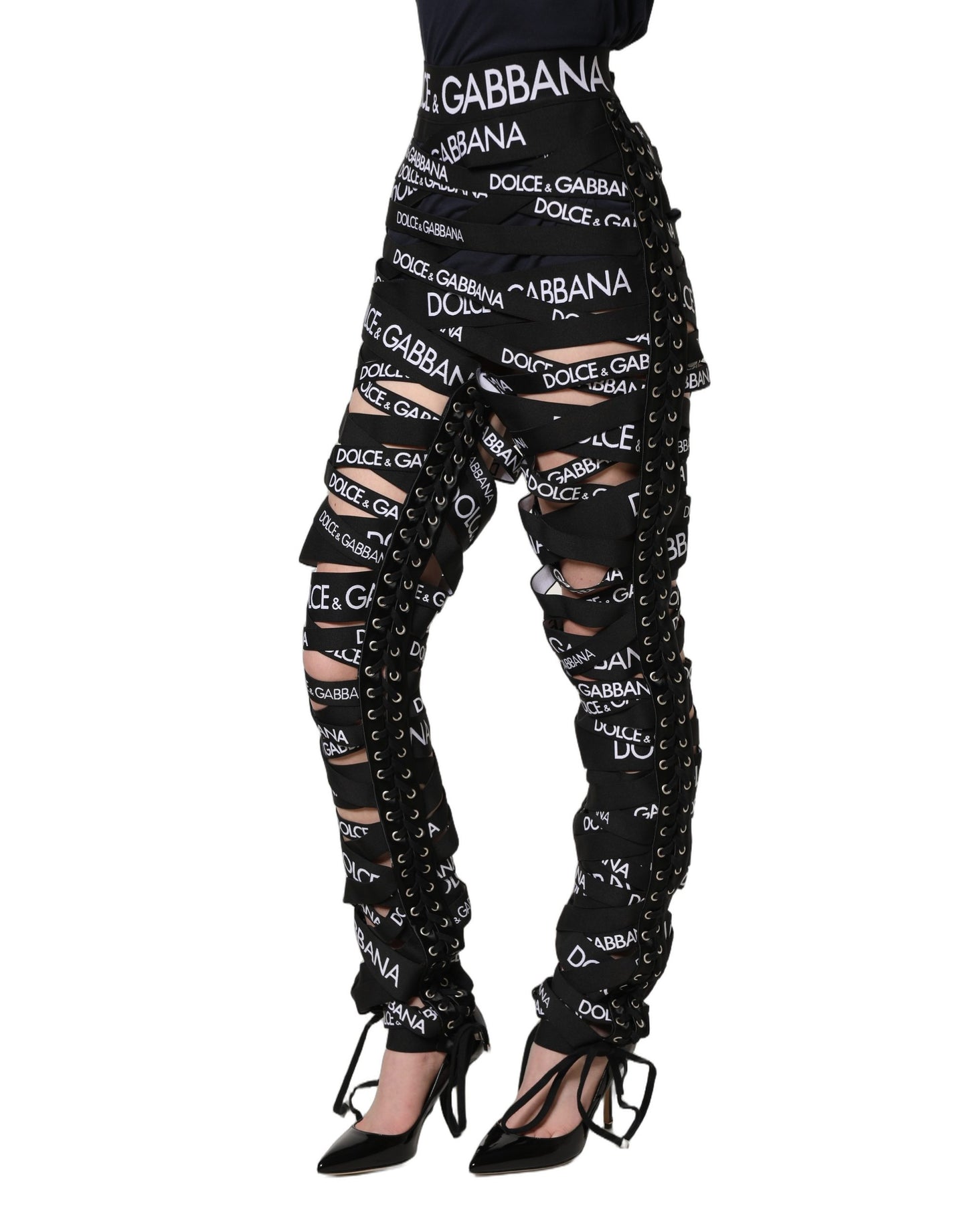Dolce & Gabbana Black Logo Tape Cut Out Skinny High Waist Pants