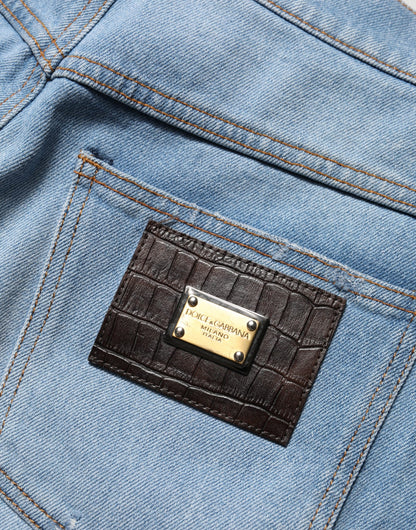 Dolce & Gabbana Blue Distressed Pleated Cotton Denim Jeans