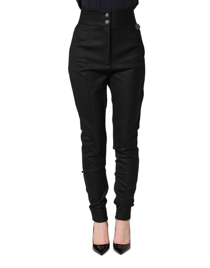 Dolce & Gabbana Black Wool High Waisted Logo Trouser Pants