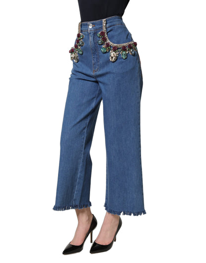 Dolce & Gabbana Blue Embellished Wide Cropped Denim Jeans