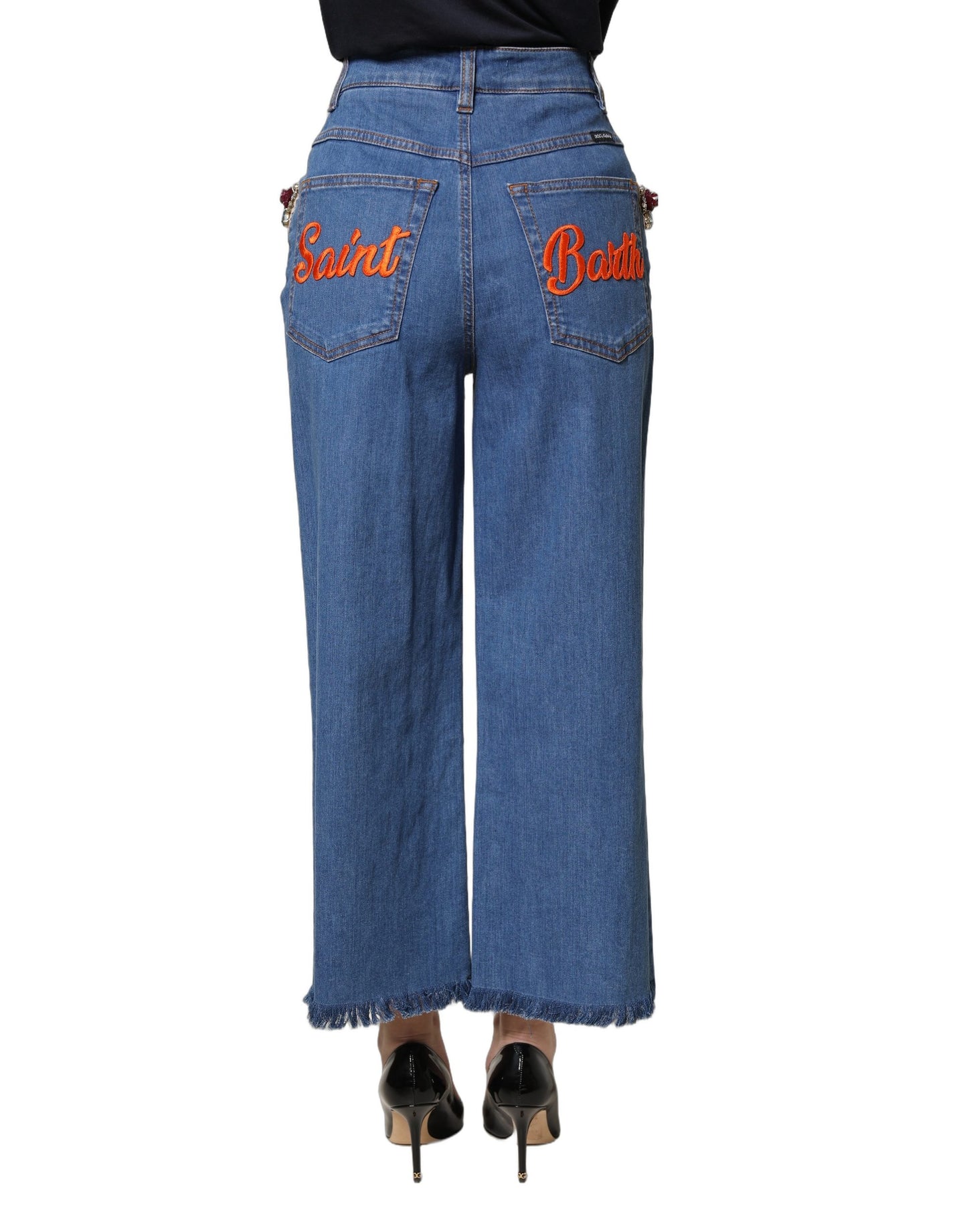 Dolce & Gabbana Blue Embellished Wide Cropped Denim Jeans