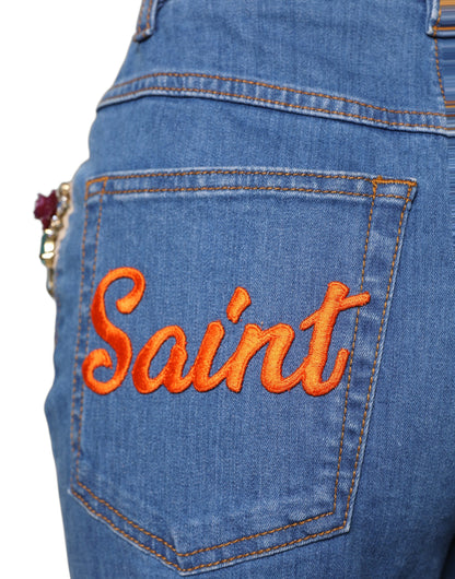 Dolce & Gabbana Blue Embellished Wide Cropped Denim Jeans