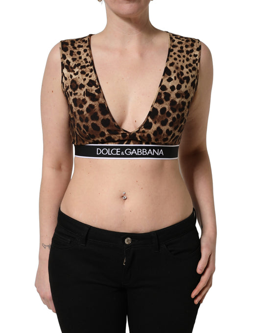Dolce & Gabbana Women's Crop Top Cropped V Neck Silk Tank - Brown Leopard Print Print