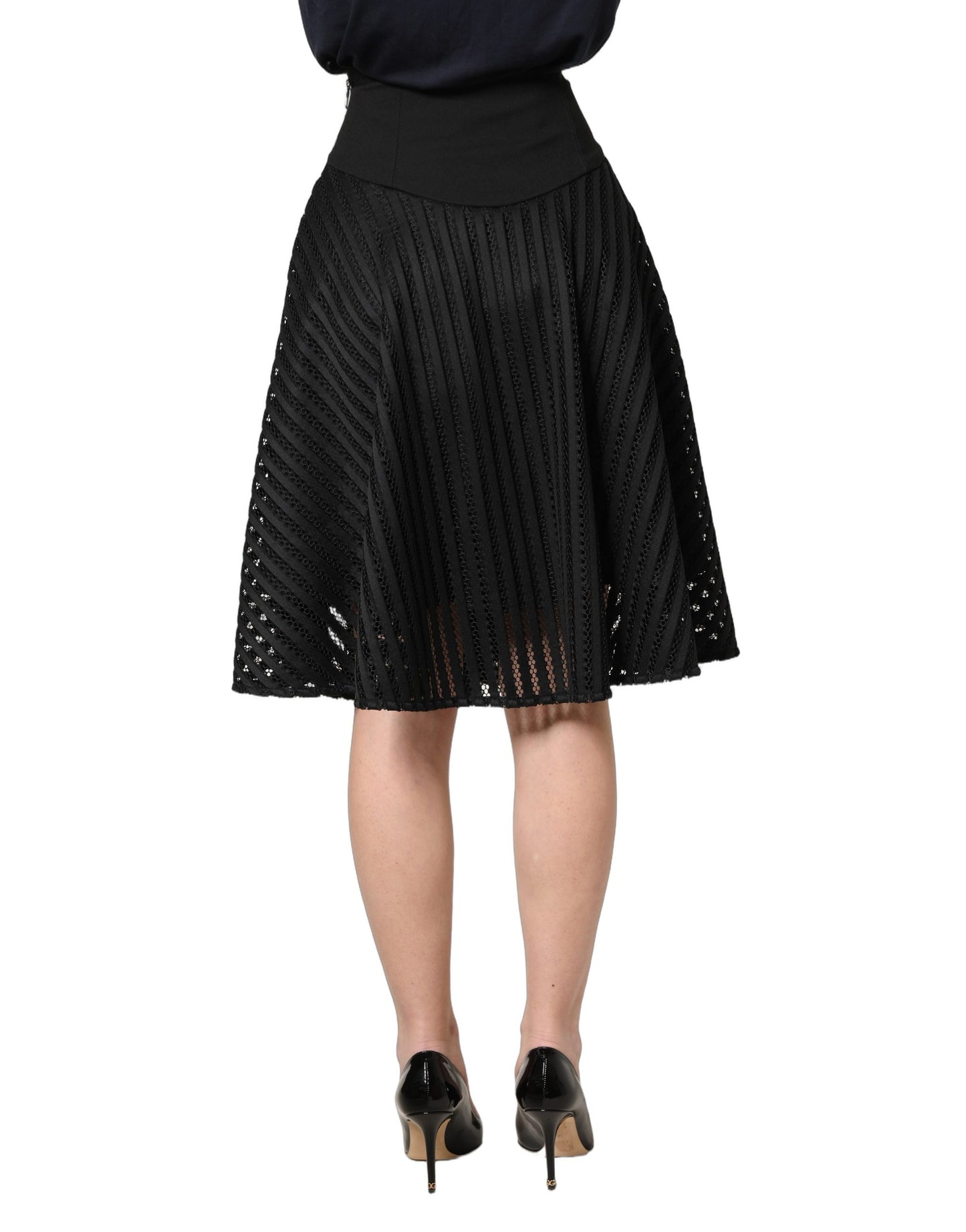 PINKO Cotton Striped Flared Silhouette Aline Midi Black