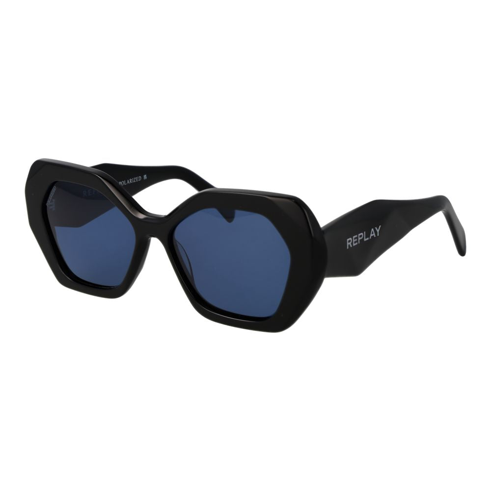 Sunglasses by Replay for women in acetate and black presents a sumptuous silhouette, featuring black coloured frame and butterfly full-rim frame design with non-polarized category-3-dark-tint lens for a sumptuous look.