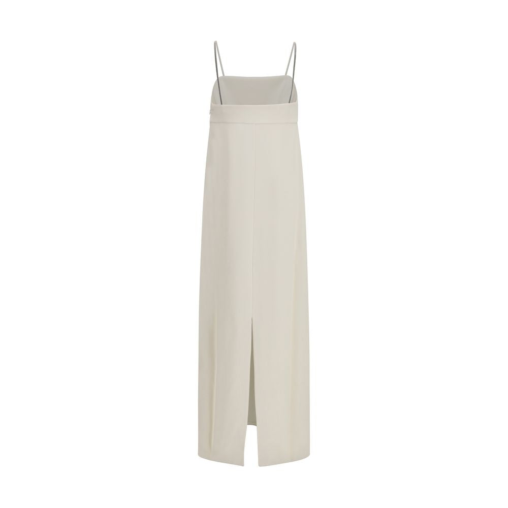 Dress by Brunello Cucinelli for women in silk & acetate white features an magnificent silhouette, artfully detailed with a magnificent square neckline and that flows into an magnificent long.