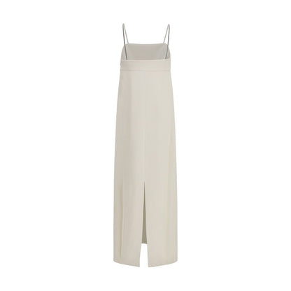 Dress by Brunello Cucinelli for women in silk & acetate white features an magnificent silhouette, artfully detailed with a magnificent square neckline and that flows into an magnificent long.