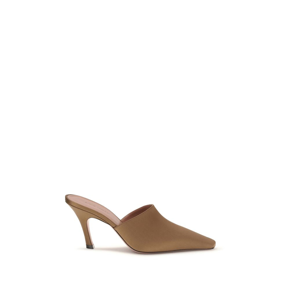 Mules Sandals by Amina Muaddi for women in silk brown & signature presents a sculptural silhouette, showcasing the Jamie Women's Silk Mules Sandals design with a sculptural and for a premium look.