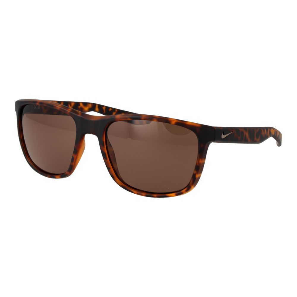 Sunglasses by Nike for men in plastic brown showcases a ethereal silhouette, featuring brown coloured frame rectangle full-rim frame design with non-polarized category-3-dark-tint lens for a ethereal finish.