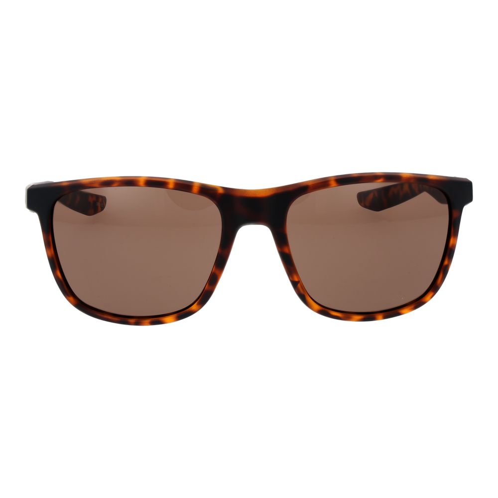 Sunglasses by Nike for men in plastic brown features an lustrous rectangle full-rim frame design with brown coloured frame detailing and non-polarized category-3-dark-tint lens for a lustrous aesthetic.