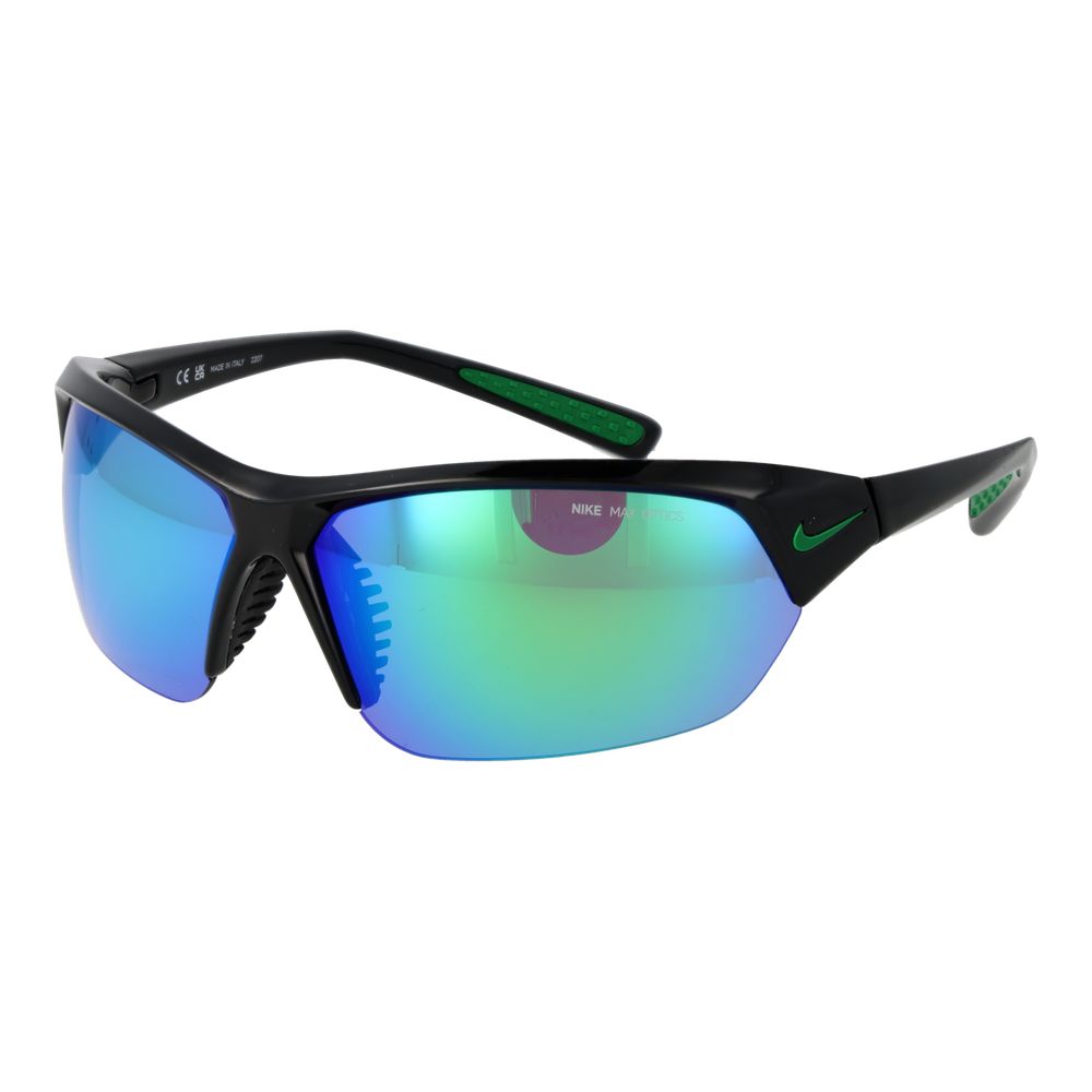 Sunglasses by Nike for men in black features an lustrous rectangle half-rim frame design with black coloured frame detailing and mirrored category-2-medium-tint lens for a lustrous aesthetic.