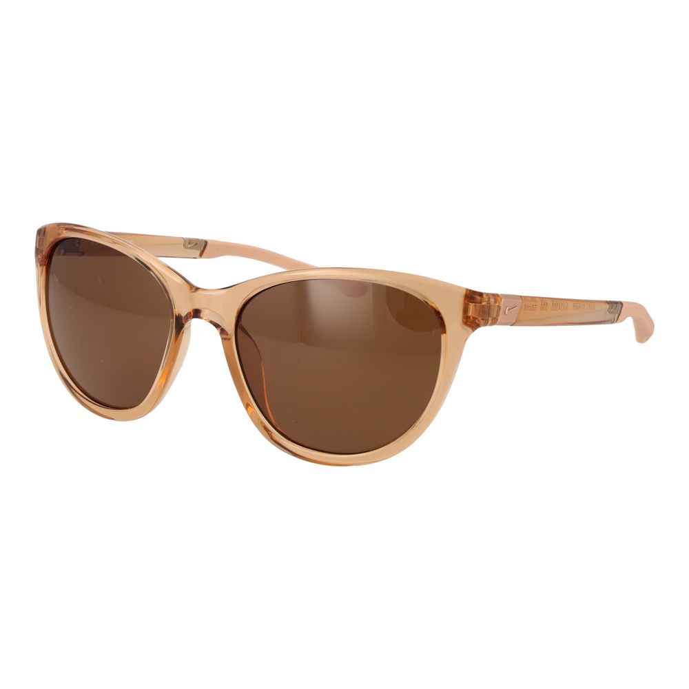 Sunglasses by Nike for women in beige showcases a ethereal silhouette, featuring beige coloured frame full-rim cat-eye frame design with non-polarized category-3-dark-tint lens for a ethereal finish.