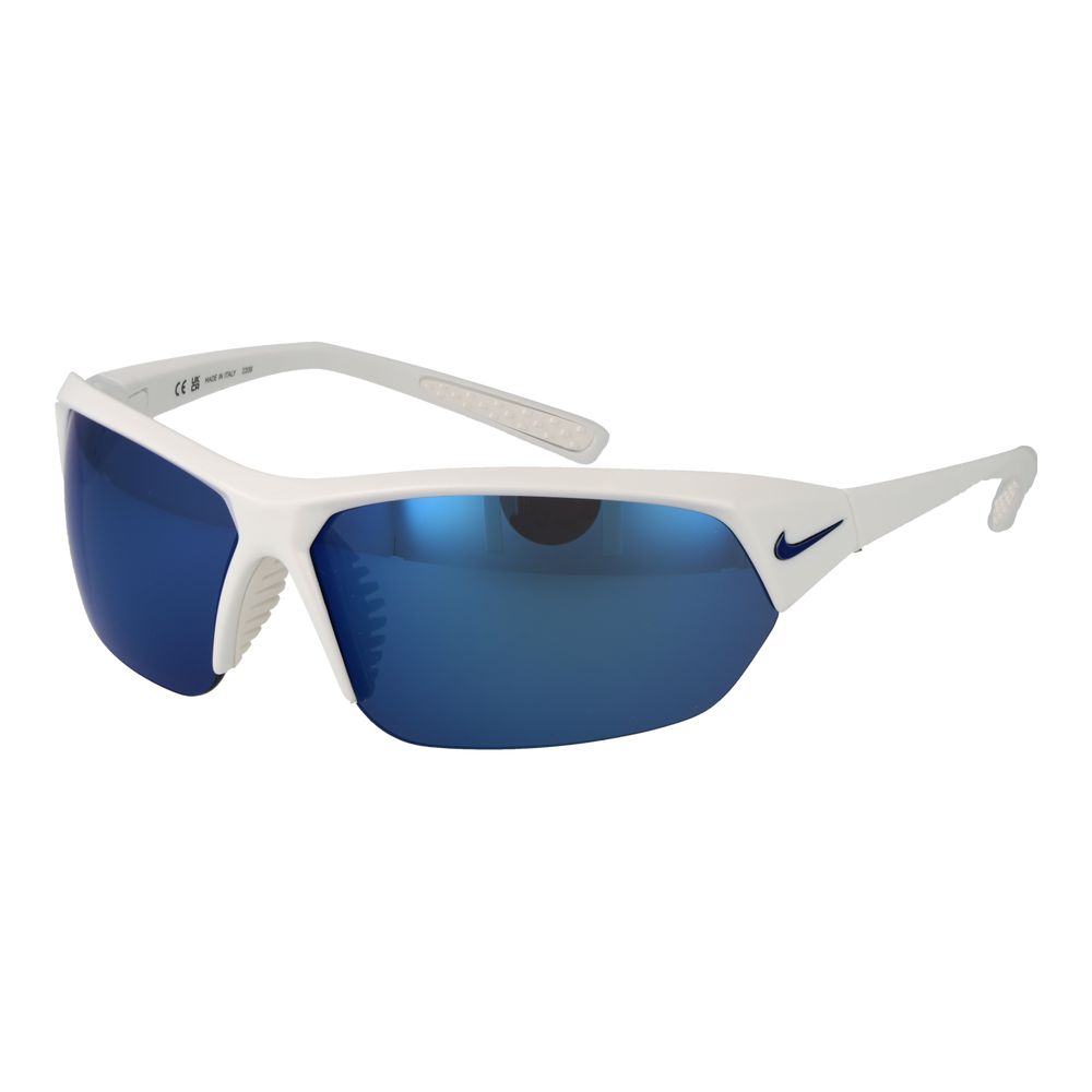 Sunglasses by Nike for men in plastic white showcases a ethereal silhouette, featuring white coloured frame rectangle half-rim frame design with mirrored category-3-dark-tint lens for a ethereal finish.