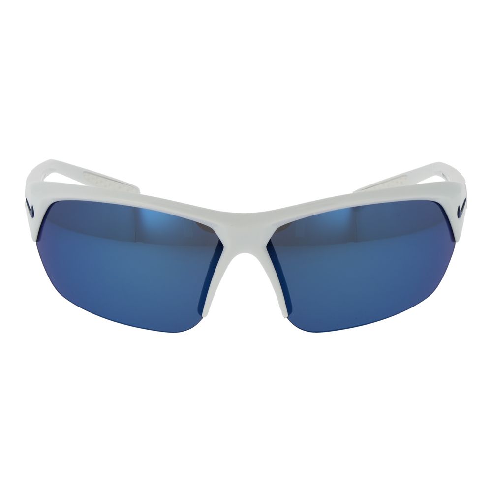 Sunglasses by Nike for men in plastic and white featuring an opulent rectangle half-rim frame design with a sophisticated white coloured frame finish and high-performance mirrored category-3-dark-tint lens.