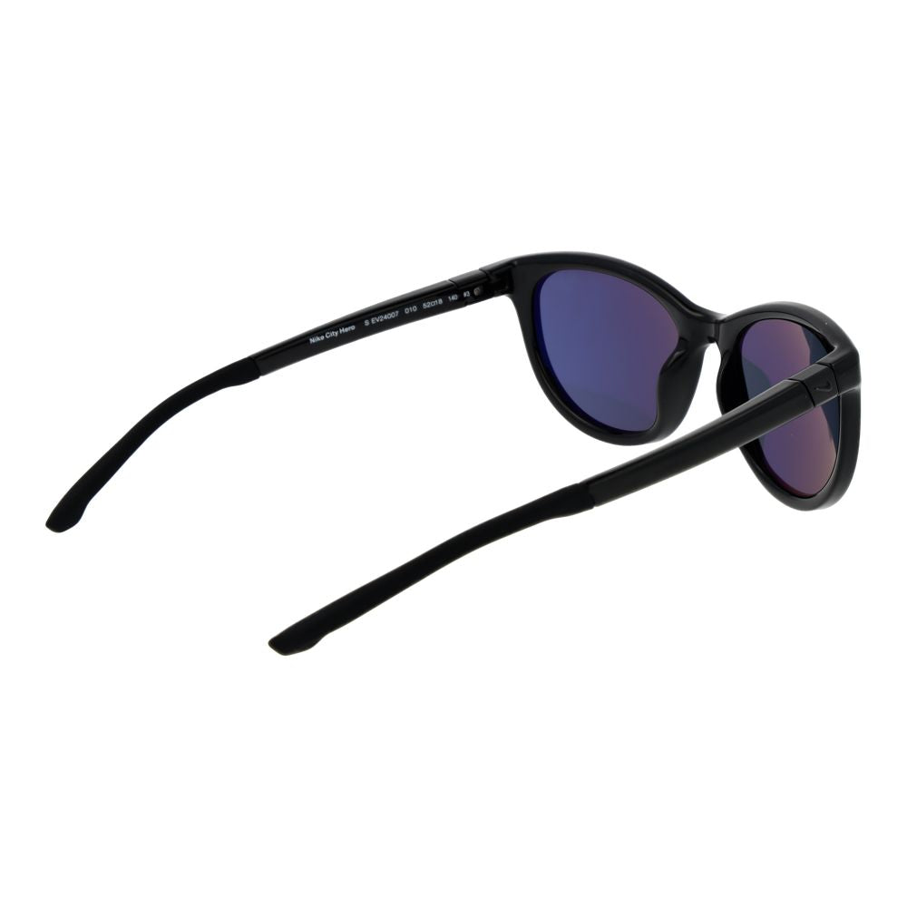Sunglasses by Nike for women in plastic and black presents a sumptuous silhouette, featuring black coloured frame and full-rim cat-eye frame design with non-polarized category-3-dark-tint lens for a sumptuous look.