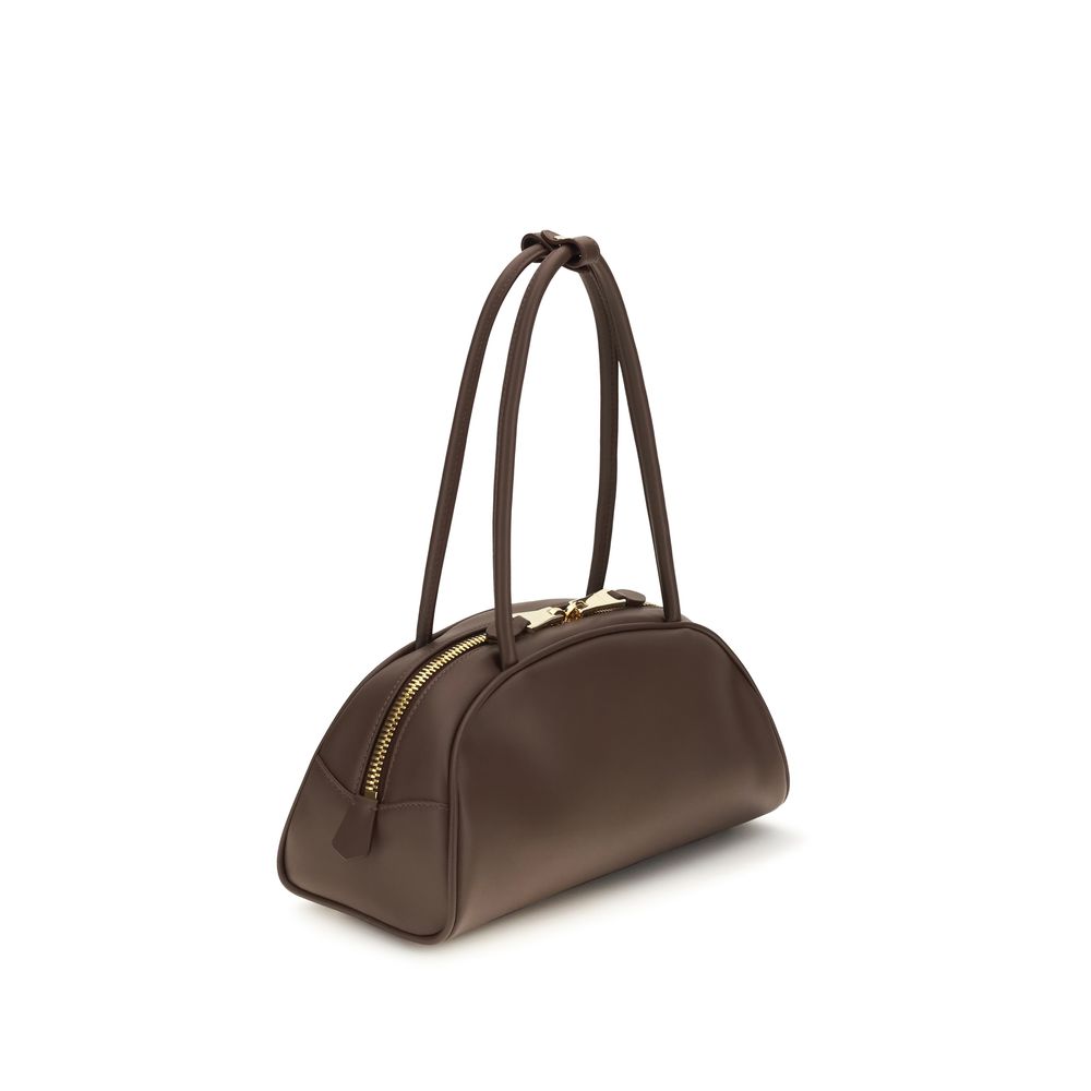 Shoulder Bowling Handbag by Miu Miu for women in polyurethane & bos taurus calf leather brown & gold features an refined silhouette, showcasing a secure zipper, ample cardholder, and versatile shoulder-strap for a sophisticated refined aesthetic.