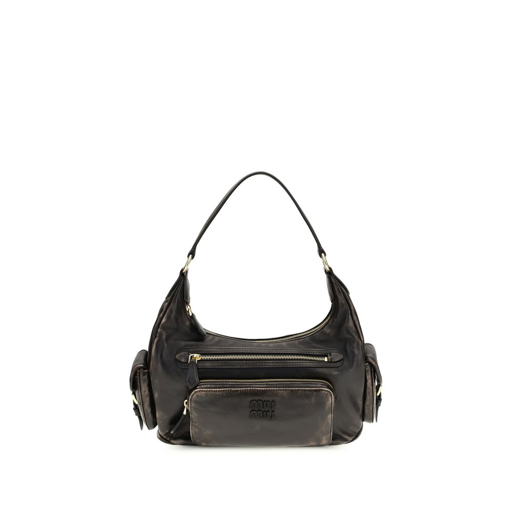 Shoulder Flap Bag by Miu Miu for women in bos taurus calf leather brown & gold presents a versatile silhouette, showcasing a secure flap and versatile external-pockets with versatile shoulder-strap for a sophisticated look.