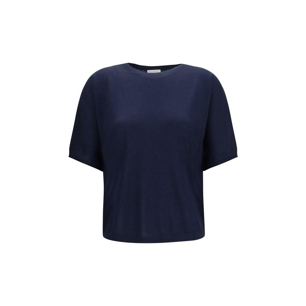 Sweater by Brunello Cucinelli for women in cashmere silk & capra leather blue showcases an masterful silhouette, artfully detailed with a masterful round neckline and sleeveless; short-sleeve for a sophisticated, premium finish.