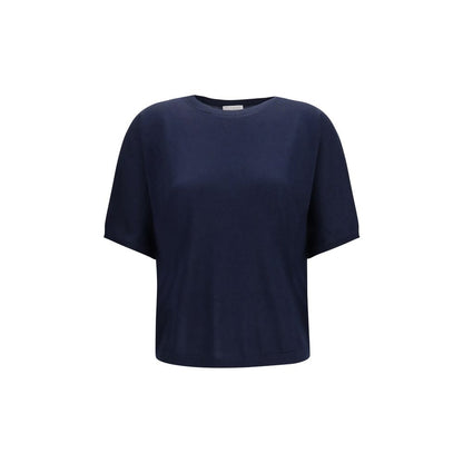Sweater by Brunello Cucinelli for women in cashmere silk & capra leather blue showcases an masterful silhouette, artfully detailed with a masterful round neckline and sleeveless; short-sleeve for a sophisticated, premium finish.