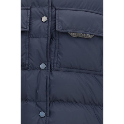 This Puffer Jacket by Brunello Cucinelli for women in polyester & goose-down blue exhibits a edgy silhouette, meticulously detailed with functional pockets & insulated and a edgy for a edgy finish.