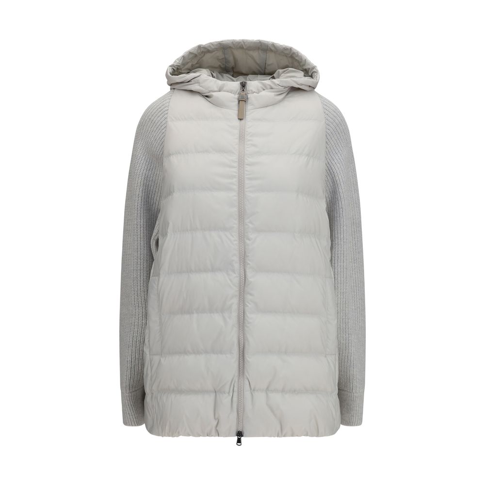 Puffer Jacket by Brunello Cucinelli for women in polyamide & goose-down gray showcases a bohemian silhouette, artfully detailed with a bohemian and signature pockets & insulated for a truly bohemian finish.