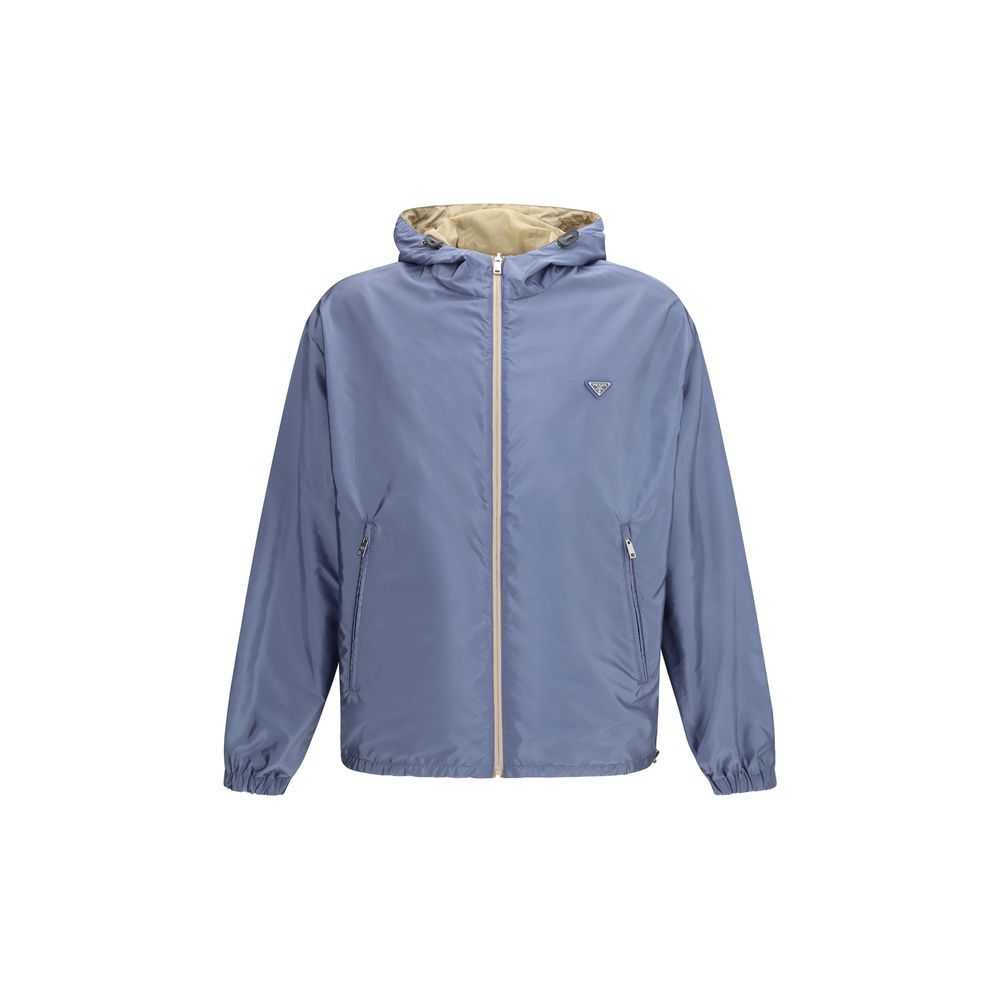 Hooded Puffer Jacket by Prada for men in nylon beige & signature features an on trend silhouette, showcasing refined pockets, hooded, insulated & windproof and a sophisticated hooded neckline for a truly on trend finish.