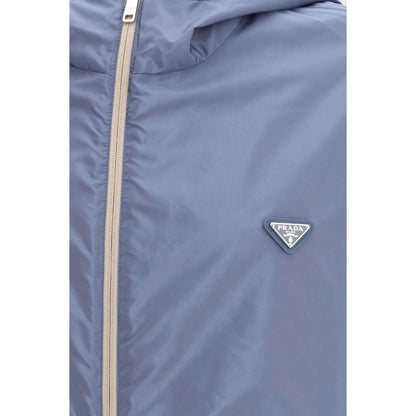 Hooded Puffer Jacket by Prada for men in nylon beige & signature features an on trend silhouette, showcasing refined pockets, hooded, insulated & windproof and a sophisticated for a truly on trend finish.